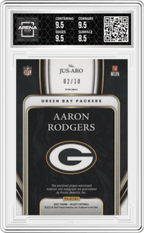 Aaron Rodgers from the 2021 Panini Select set featuring a Gold Prizm parallel graded by Arena Club and given an overall grade of 9.