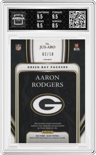 Aaron Rodgers from the 2021 Panini Select set featuring a Gold Prizm parallel graded by Arena Club and given an overall grade of 9.
