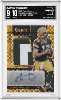 Aaron Rodgers from the 2021 Panini Select set featuring a Gold Prizm parallel graded by Arena Club and given an overall grade of 9.