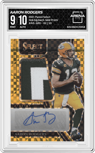 Aaron Rodgers from the 2021 Panini Select set featuring a Gold Prizm parallel graded by Arena Club and given an overall grade of 9.