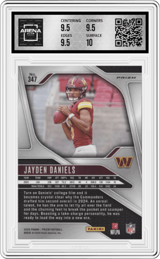 Jayden Daniels from the 2024 Panini Prizm set featuring a Silver Prizm parallel graded by Arena Club and given an overall grade of 10.