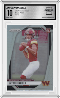 Jayden Daniels from the 2024 Panini Prizm set featuring a Silver Prizm parallel graded by Arena Club and given an overall grade of 10.