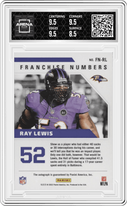 Ray Lewis from the 2022 Panini Certified set and given an overall grade of 9.