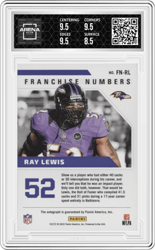 Ray Lewis from the 2022 Panini Certified set graded by Arena Club and given an overall grade of 9.