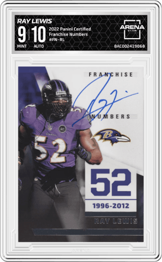 Ray Lewis from the 2022 Panini Certified set graded by Arena Club and given an overall grade of 9.