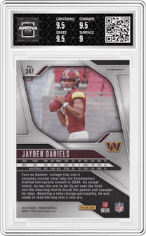 Jayden Daniels from the 2024 Panini Prizm set featuring a Silver Prizm parallel graded by Arena Club and given an overall grade of 9.5.