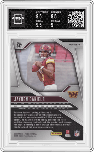Jayden Daniels from the 2024 Panini Prizm set featuring a Silver Prizm parallel graded by Arena Club and given an overall grade of 9.5.