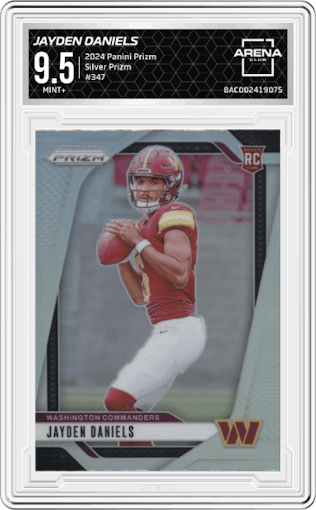 Jayden Daniels from the 2024 Panini Prizm set featuring a Silver Prizm parallel graded by Arena Club and given an overall grade of 9.5.