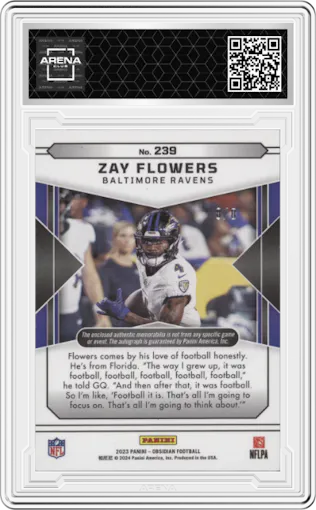 Zay Flowers from the 2023 Panini Obsidian set featuring a Electric Etch Red parallel graded by Arena Club.