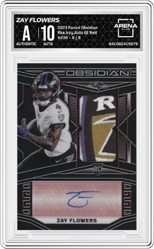 Zay Flowers from the 2023 Panini Obsidian set featuring a Electric Etch Red parallel graded by Arena Club.