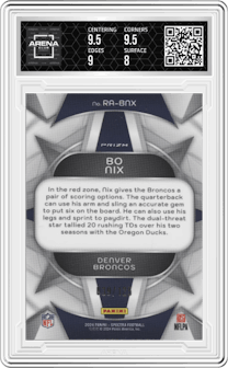 Bo Nix from the 2024 Panini Spectra set graded by Arena Club and given an overall grade of 8.5.