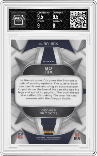 Bo Nix from the 2024 Panini Spectra set graded by Arena Club and given an overall grade of 8.5.