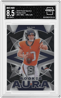 Bo Nix from the 2024 Panini Spectra set graded by Arena Club and given an overall grade of 8.5.