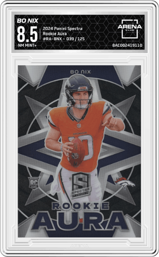 Bo Nix from the 2024 Panini Spectra set graded by Arena Club and given an overall grade of 8.5.