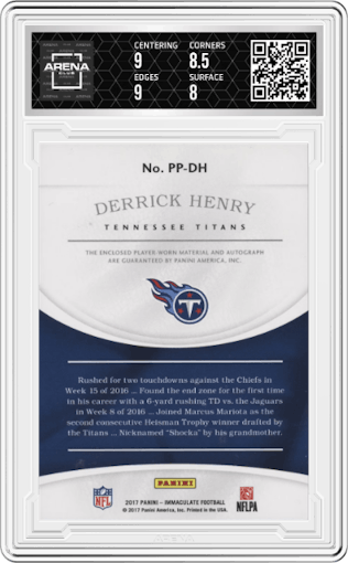 Derrick Henry from the 2017 Panini Immaculate Collection set graded by Arena Club and given an overall grade of 8.5.