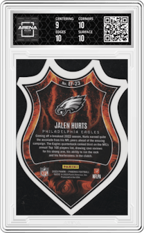 Jalen Hurts from the 2023 Panini Phoenix set graded by Arena Club and given an overall grade of 9.5.