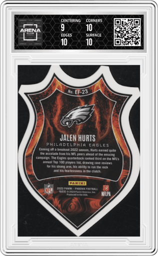Jalen Hurts from the 2023 Panini Phoenix set graded by Arena Club and given an overall grade of 9.5.
