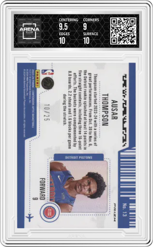 Ausar Thompson from the 2023-24 Panini Contenders Optic set featuring a Green Pulsar parallel graded by Arena Club and given an overall grade of 9.5.