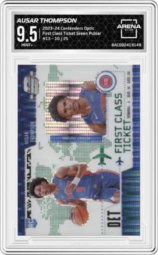 Ausar Thompson from the 2023-24 Panini Contenders Optic set featuring a Green Pulsar parallel graded by Arena Club and given an overall grade of 9.5.