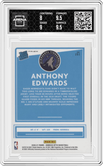 Anthony Edwards from the 2020-21 Panini Donruss Optic set featuring a Fast Break Holo parallel graded by Arena Club and given an overall grade of 8.5.