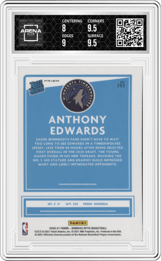 Anthony Edwards from the 2020-21 Panini Donruss Optic set featuring a Fast Break Holo parallel graded by Arena Club and given an overall grade of 8.5.