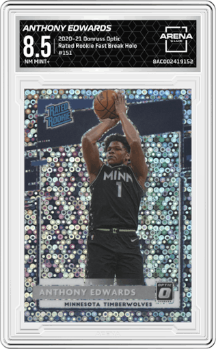 Anthony Edwards from the 2020-21 Panini Donruss Optic set featuring a Fast Break Holo parallel graded by Arena Club and given an overall grade of 8.5.