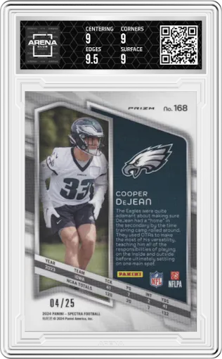 Cooper DeJean from the 2024 Panini Spectra set featuring a Meta parallel graded by Arena Club and given an overall grade of 9.