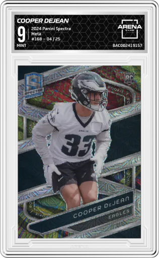 Cooper DeJean from the 2024 Panini Spectra set featuring a Meta parallel graded by Arena Club and given an overall grade of 9.