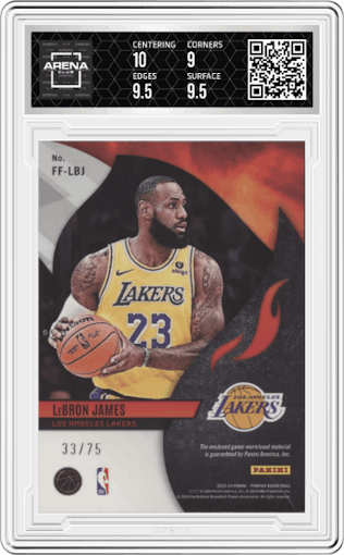 LeBron James from the 2023-24 Panini Phoenix set featuring a Orange parallel graded by Arena Club and given an overall grade of 9.5.