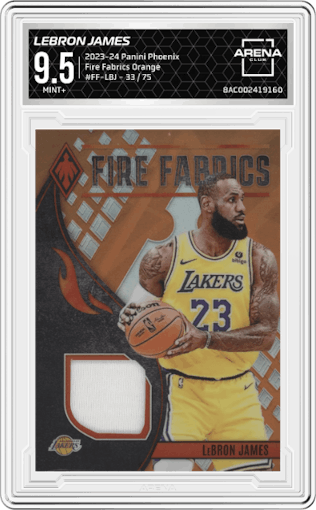 LeBron James from the 2023-24 Panini Phoenix set featuring a Orange parallel graded by Arena Club and given an overall grade of 9.5.
