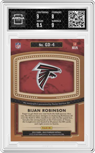 Bijan Robinson from the 2023 Panini Gold Standard set graded by Arena Club and given an overall grade of 8.5.