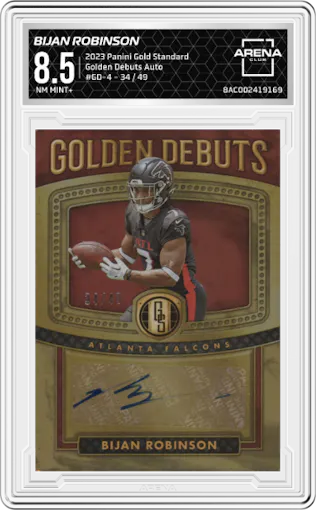 Bijan Robinson from the 2023 Panini Gold Standard set graded by Arena Club and given an overall grade of 8.5.