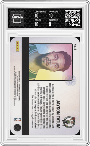 Jayson Tatum from the 2023-24 Panini Contenders set graded by Arena Club and given an overall grade of 9.5.