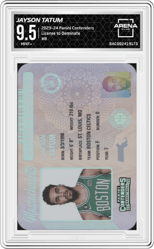 Jayson Tatum from the 2023-24 Panini Contenders set graded by Arena Club and given an overall grade of 9.5.