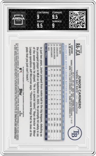 Junior Caminero from the 2024 Topps Chrome set featuring a Refractor parallel graded by Arena Club and given an overall grade of 9.5.
