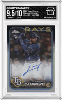 Junior Caminero from the 2024 Topps Chrome set featuring a Refractor parallel graded by Arena Club and given an overall grade of 9.5.