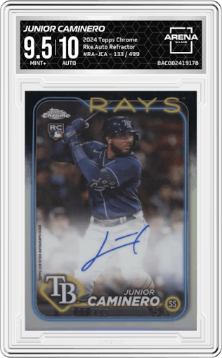 Junior Caminero from the 2024 Topps Chrome set featuring a Refractor parallel graded by Arena Club and given an overall grade of 9.5.