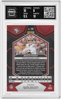 Brock Purdy from the 2024 Panini Mosaic set featuring a Honeycomb parallel and given an overall grade of 9.5.