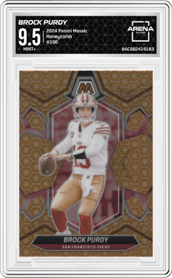 Brock Purdy from the 2024 Panini Mosaic set featuring a Honeycomb parallel and given an overall grade of 9.5.