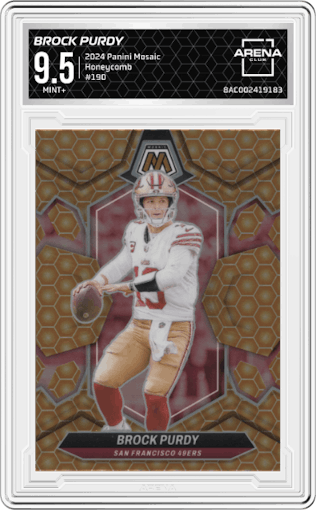 Brock Purdy from the 2024 Panini Mosaic set featuring a Honeycomb parallel graded by Arena Club and given an overall grade of 9.5.