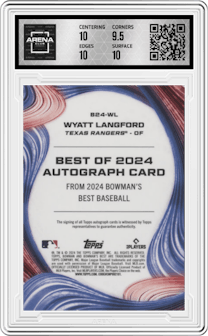 Wyatt Langford from the 2024 Bowman's Best set graded by Arena Club and given an overall grade of 10.