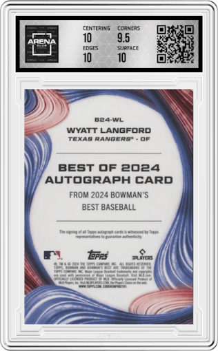 Wyatt Langford from the 2024 Bowman's Best set graded by Arena Club and given an overall grade of 10.