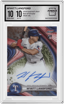 Wyatt Langford from the 2024 Bowman's Best set graded by Arena Club and given an overall grade of 10.