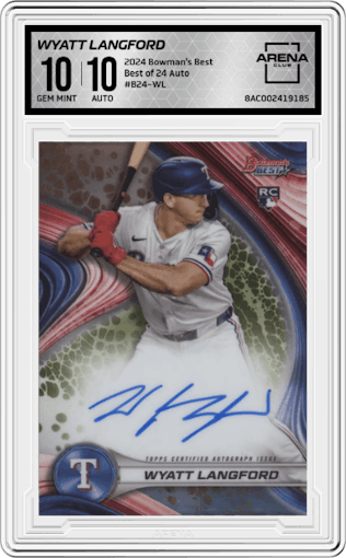 Wyatt Langford from the 2024 Bowman's Best set graded by Arena Club and given an overall grade of 10.