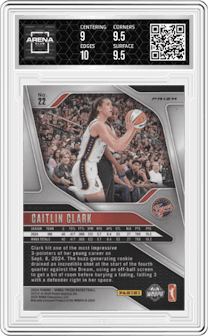 Caitlin Clark from the 2024 Panini Prizm WNBA set featuring a Ice parallel graded by Arena Club and given an overall grade of 9.5.