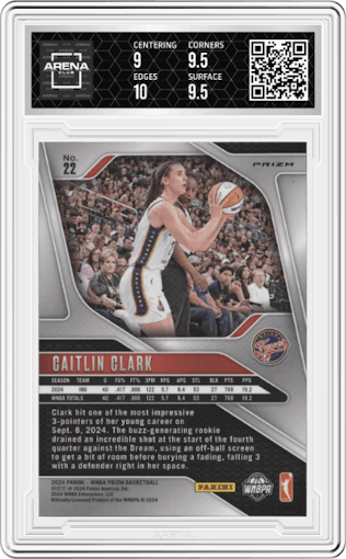 Caitlin Clark from the 2024 Panini Prizm WNBA set featuring a Ice parallel graded by Arena Club and given an overall grade of 9.5.