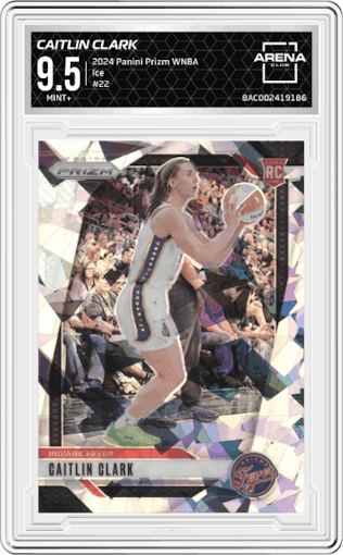 Caitlin Clark from the 2024 Panini Prizm WNBA set featuring a Ice parallel graded by Arena Club and given an overall grade of 9.5.