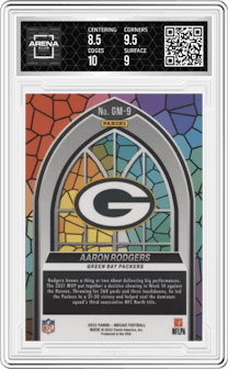 Aaron Rodgers from the 2022 Panini Mosaic set graded by Arena Club and given an overall grade of 9.
