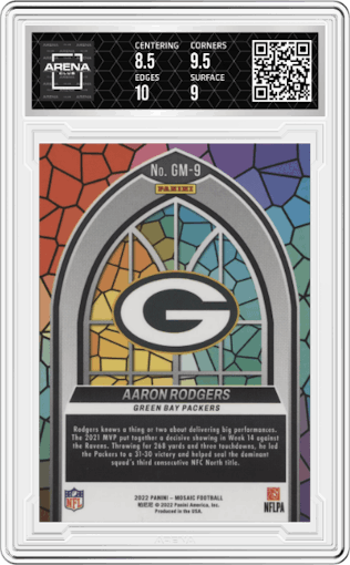 Aaron Rodgers from the 2022 Panini Mosaic set graded by Arena Club and given an overall grade of 9.