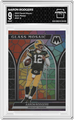 Aaron Rodgers from the 2022 Panini Mosaic set graded by Arena Club and given an overall grade of 9.